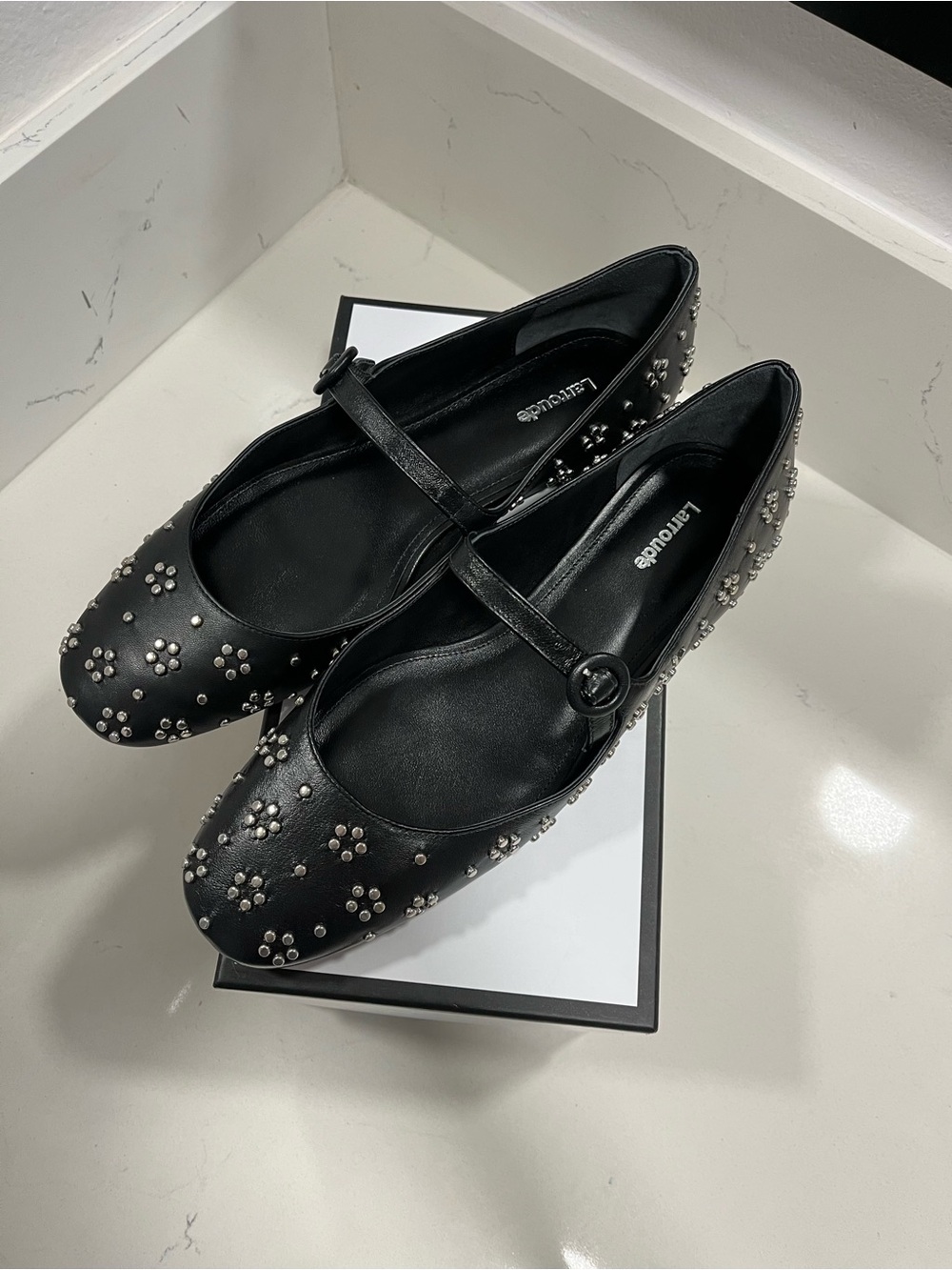Larroude Black Studded Mary Jane Flats
